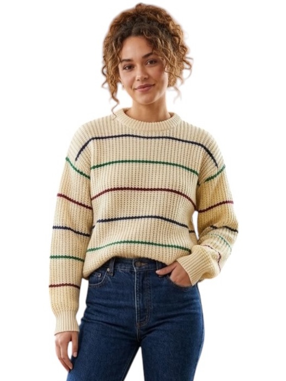 Vintage Royal Knight Chunky Striped Crewneck Sweater Cream Large Grandpacore